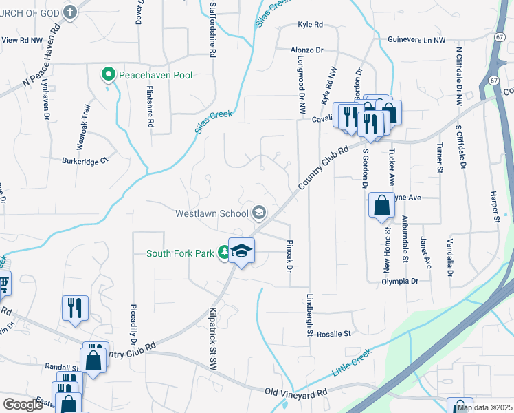 map of restaurants, bars, coffee shops, grocery stores, and more near 101 Forest View Drive in Winston-Salem