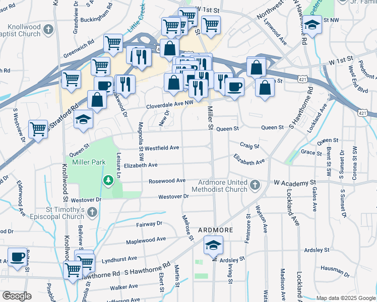 map of restaurants, bars, coffee shops, grocery stores, and more near 2246 Westfield Avenue in Winston-Salem