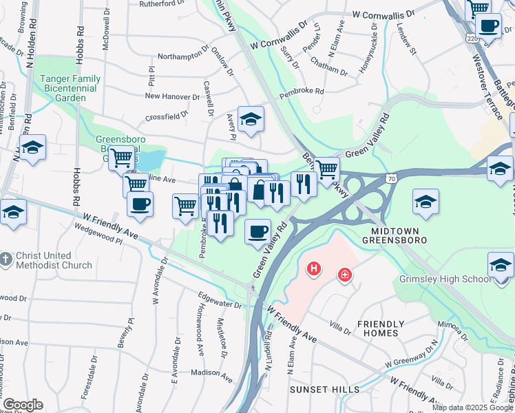map of restaurants, bars, coffee shops, grocery stores, and more near 816 Friendly Center Road in Greensboro