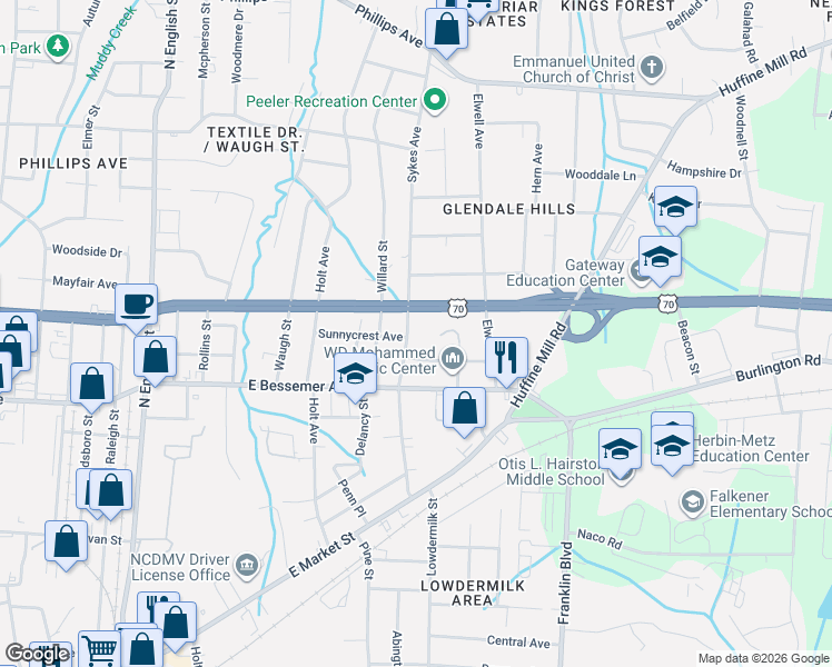 map of restaurants, bars, coffee shops, grocery stores, and more near 708 Sykes Avenue in Greensboro