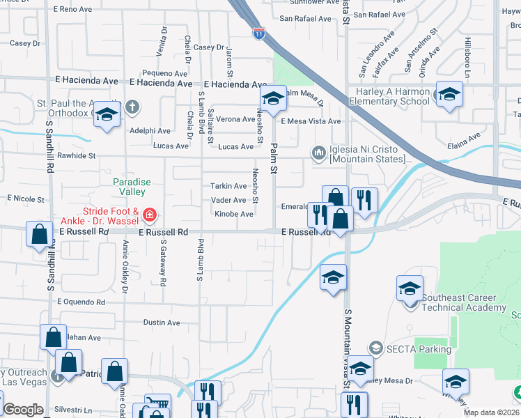 map of restaurants, bars, coffee shops, grocery stores, and more near 5630 Neosho Street in Las Vegas