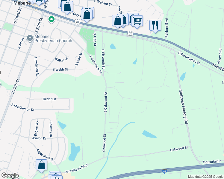 map of restaurants, bars, coffee shops, grocery stores, and more near 1016 Winding Spring Drive in Mebane