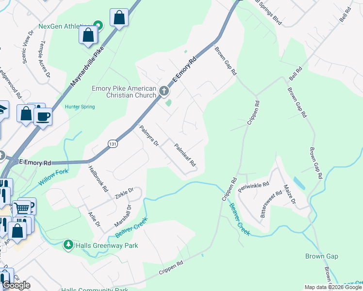 map of restaurants, bars, coffee shops, grocery stores, and more near 7344 Palmleaf Road in Knoxville