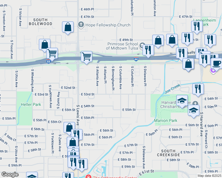 map of restaurants, bars, coffee shops, grocery stores, and more near 5236 South Birmingham Place in Tulsa