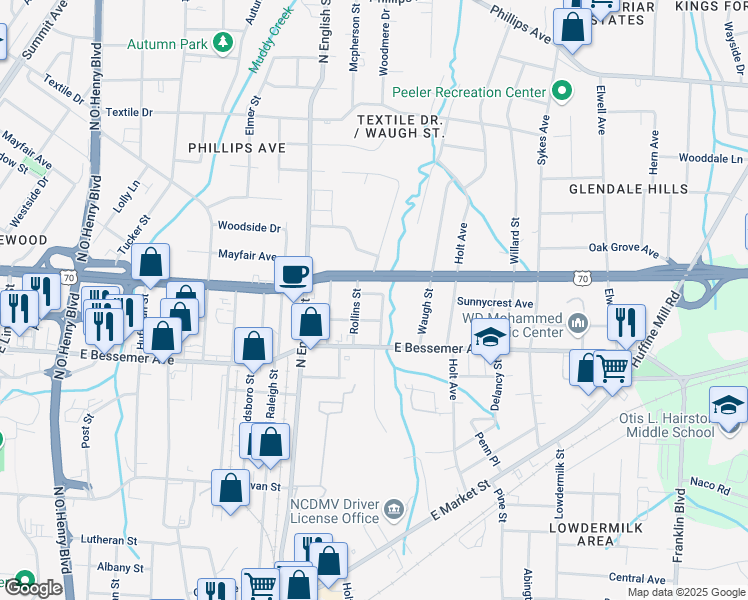 map of restaurants, bars, coffee shops, grocery stores, and more near 2507 Pinnix Street in Greensboro