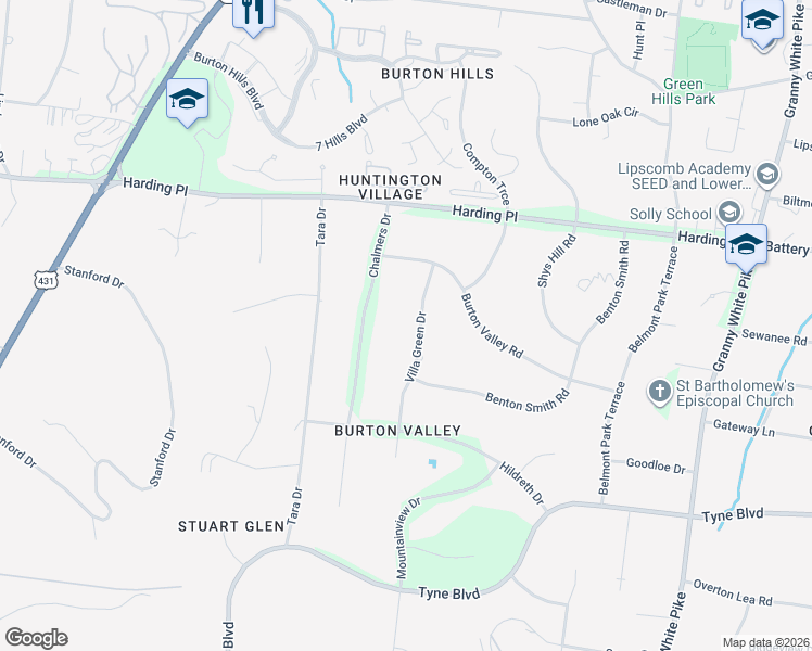 map of restaurants, bars, coffee shops, grocery stores, and more near 4617 Villa Green Drive in Nashville