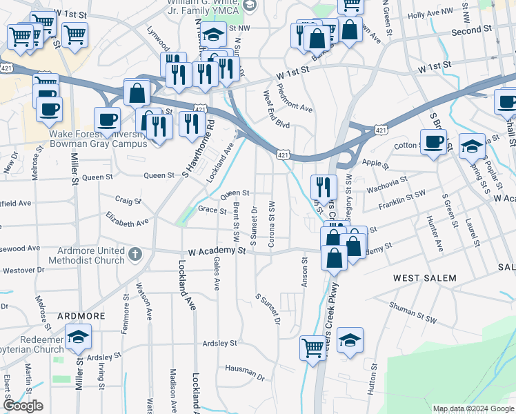 map of restaurants, bars, coffee shops, grocery stores, and more near 419 South Sunset Drive in Winston-Salem