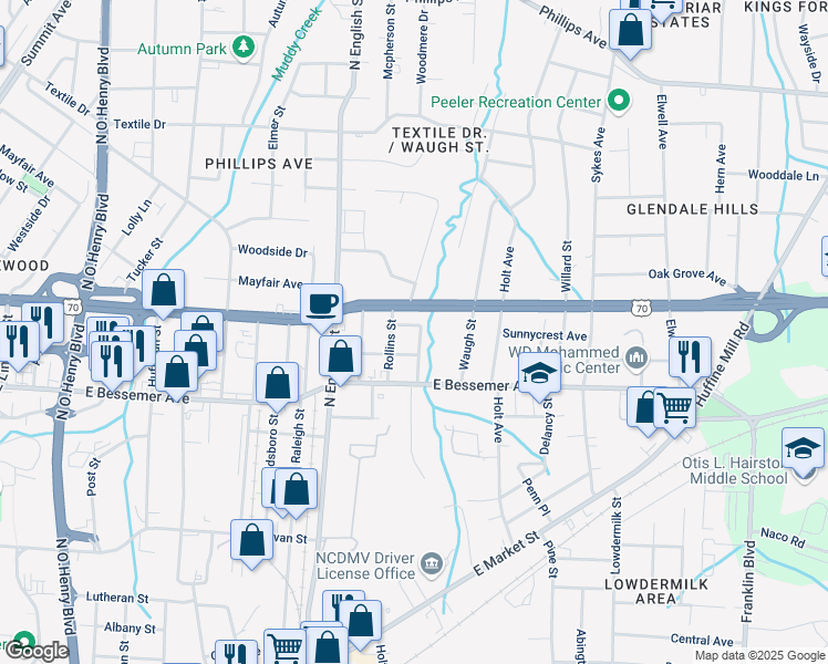 map of restaurants, bars, coffee shops, grocery stores, and more near 2509 Pinnix Street in Greensboro