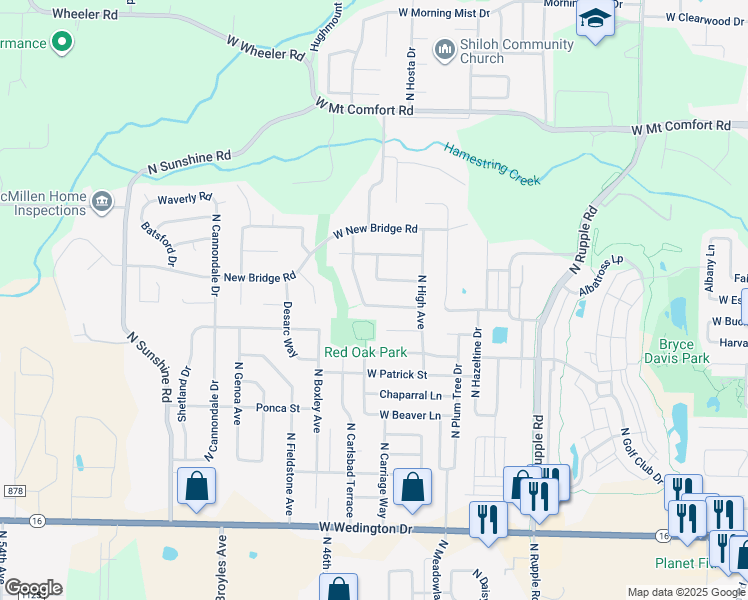map of restaurants, bars, coffee shops, grocery stores, and more near 4437 Castlebury Lane in Fayetteville