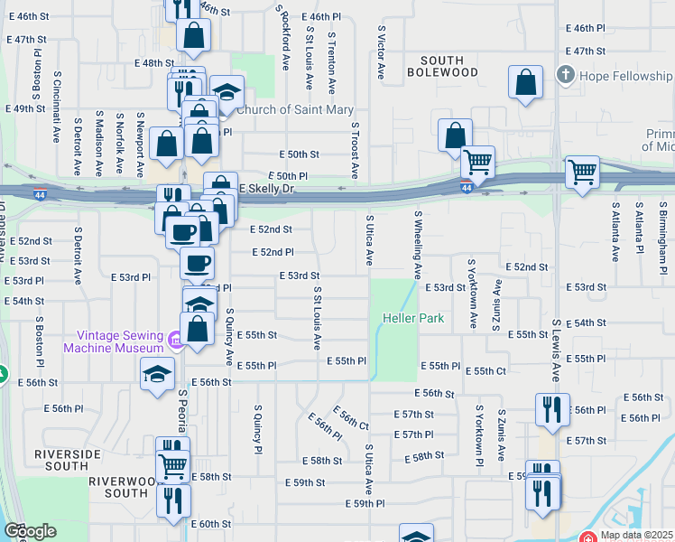 map of restaurants, bars, coffee shops, grocery stores, and more near 1603 East 53rd Street in Tulsa
