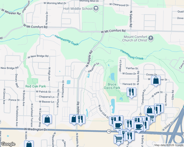 map of restaurants, bars, coffee shops, grocery stores, and more near 1801 North Whistling Straits Avenue in Fayetteville