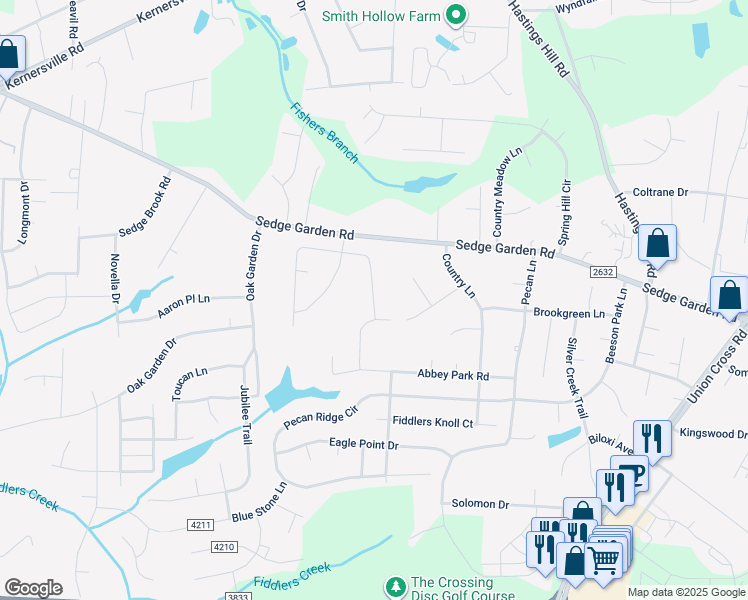 map of restaurants, bars, coffee shops, grocery stores, and more near 1494 Land Grove Drive in Kernersville