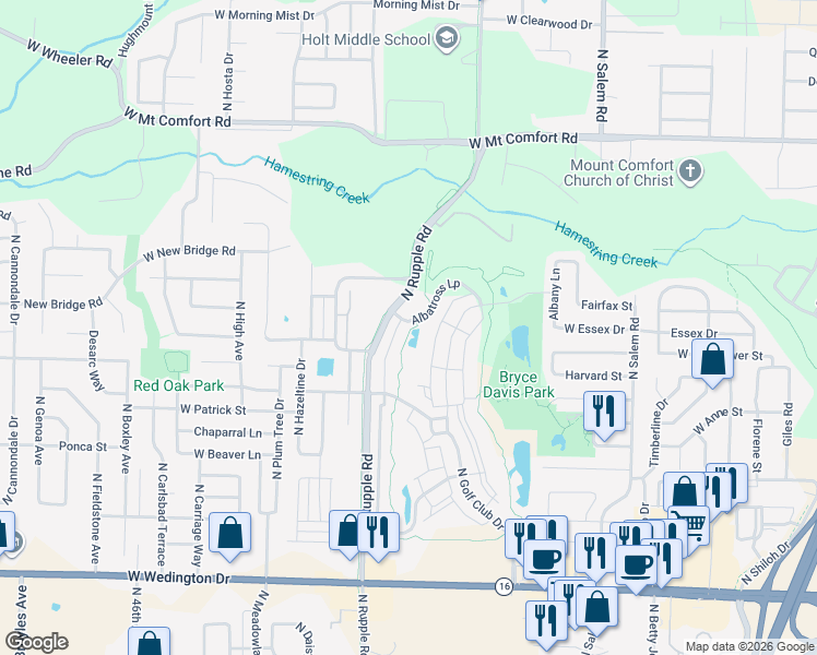 map of restaurants, bars, coffee shops, grocery stores, and more near 1801 North Whistling Straits Avenue in Fayetteville