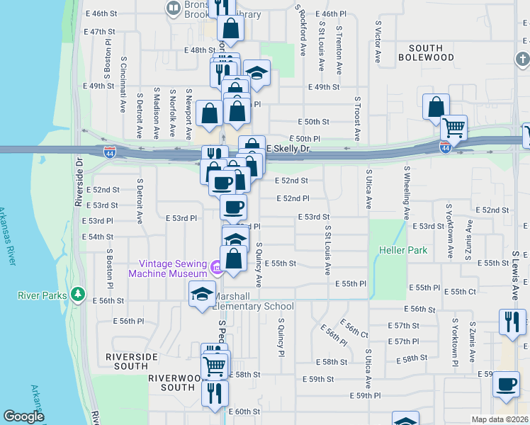 map of restaurants, bars, coffee shops, grocery stores, and more near 1407 East 53rd Street in Tulsa