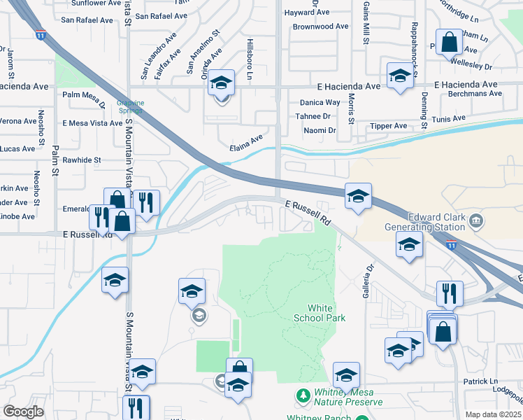 map of restaurants, bars, coffee shops, grocery stores, and more near 4915 East Russell Road in Las Vegas
