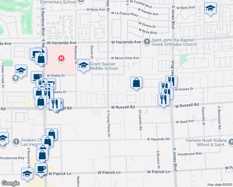 map of restaurants, bars, coffee shops, grocery stores, and more near 6462 Estrella Hills Avenue in Las Vegas