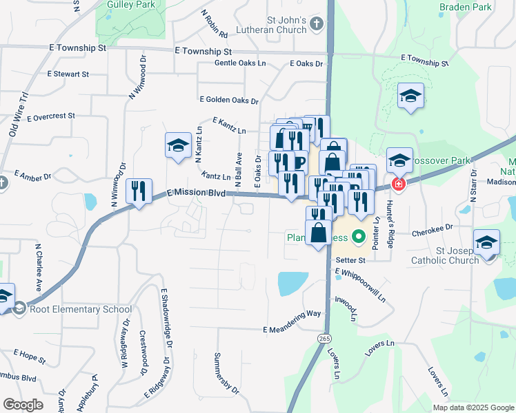 map of restaurants, bars, coffee shops, grocery stores, and more near 2435 E St James Pl in Fayetteville