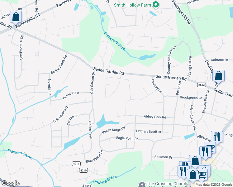 map of restaurants, bars, coffee shops, grocery stores, and more near 830 Sedge Garden Road in Kernersville
