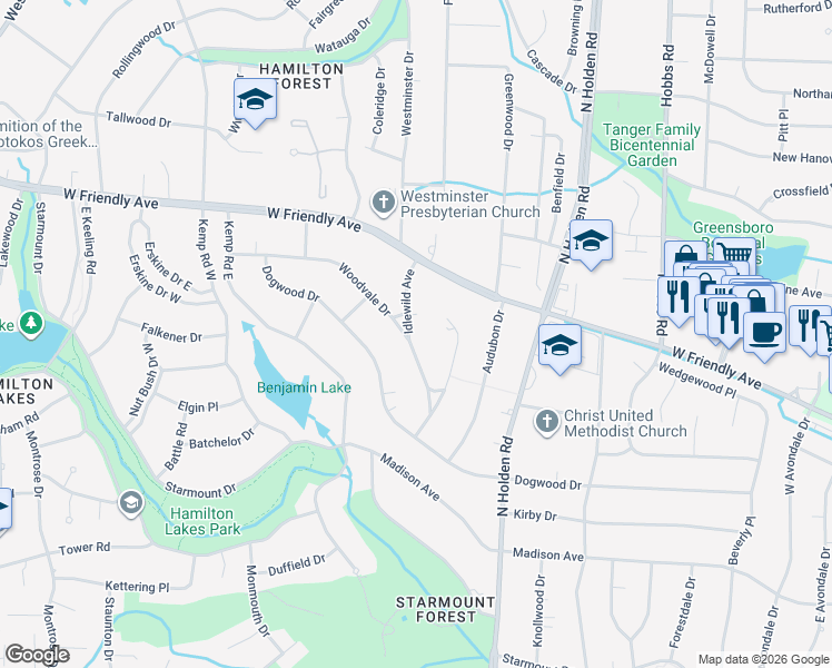 map of restaurants, bars, coffee shops, grocery stores, and more near 521 Woodvale Drive in Greensboro