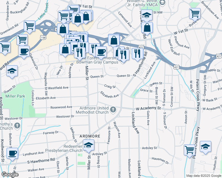 map of restaurants, bars, coffee shops, grocery stores, and more near 2058 Craig Street in Winston-Salem