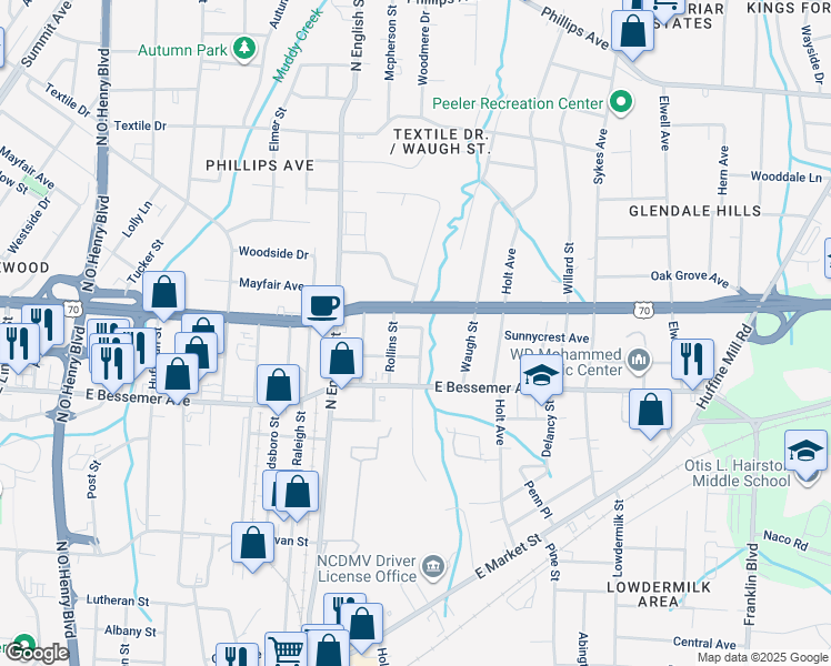 map of restaurants, bars, coffee shops, grocery stores, and more near 2509 Pinnix Street in Greensboro