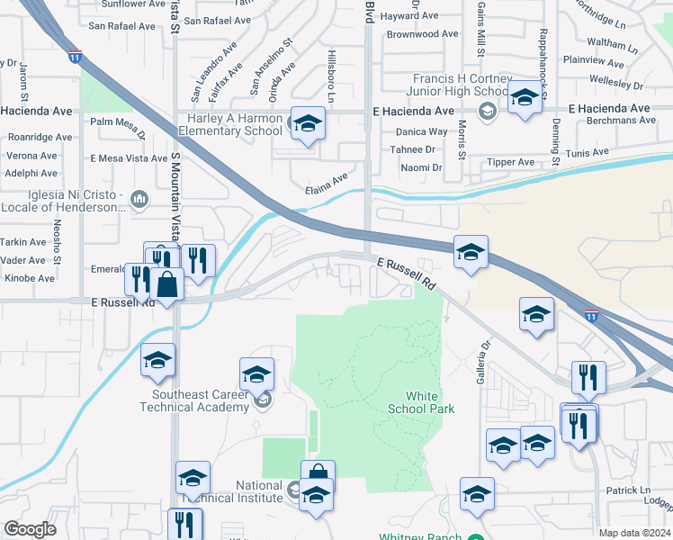 map of restaurants, bars, coffee shops, grocery stores, and more near 4915 East Russell Road in Las Vegas