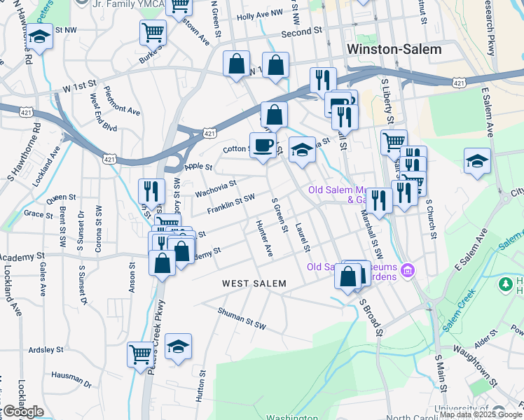 map of restaurants, bars, coffee shops, grocery stores, and more near 917 Bank Street Southwest in Winston-Salem