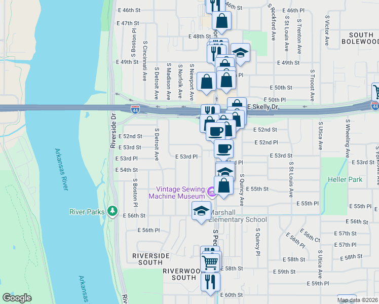 map of restaurants, bars, coffee shops, grocery stores, and more near 1054 East 53rd Street in Tulsa