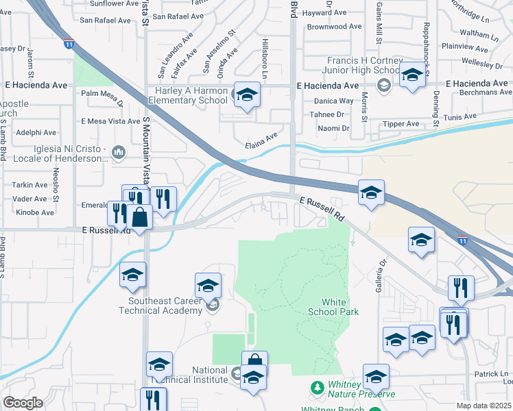 map of restaurants, bars, coffee shops, grocery stores, and more near 4895 East Russell Road in Las Vegas