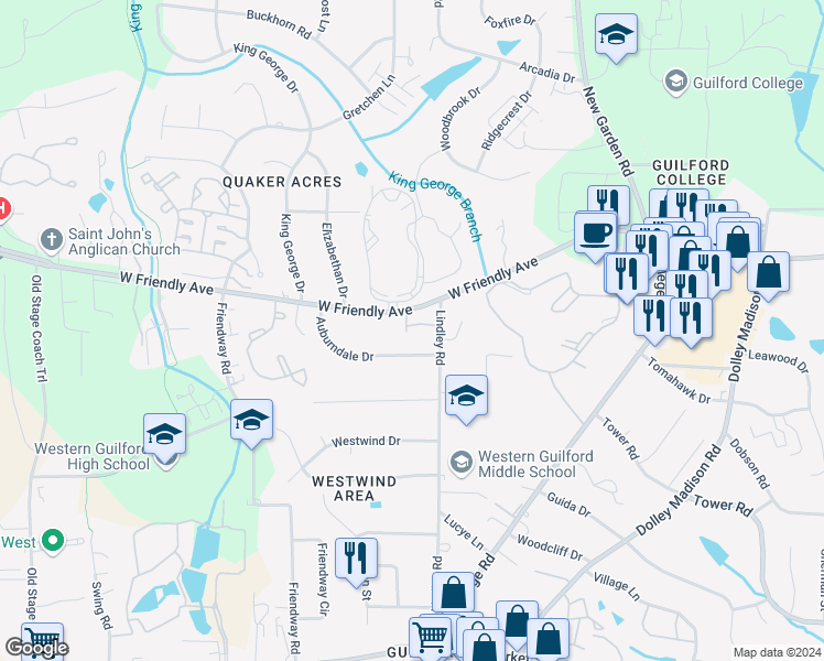 map of restaurants, bars, coffee shops, grocery stores, and more near 6117 Morgan Ashley Drive in Greensboro