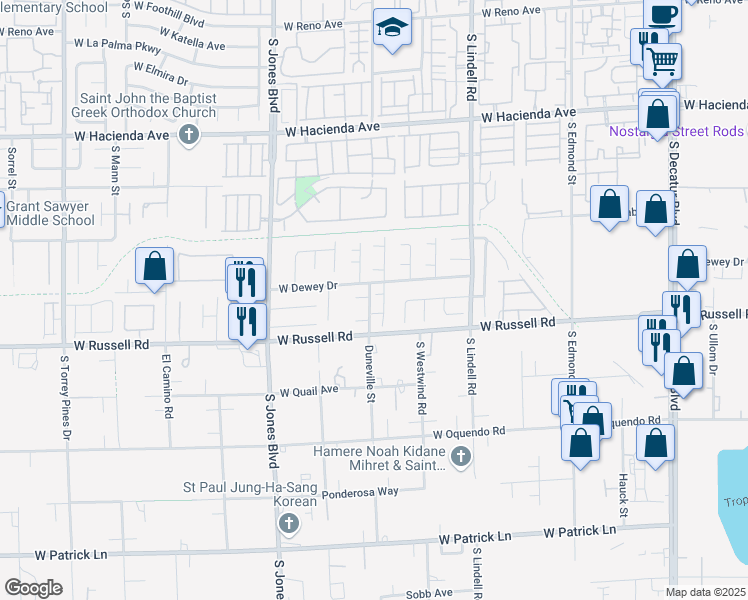 map of restaurants, bars, coffee shops, grocery stores, and more near Sandra Field Court in Sunrise Manor