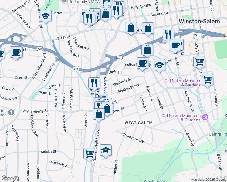 map of restaurants, bars, coffee shops, grocery stores, and more near 408a Spaugh Street Southwest in Winston-Salem