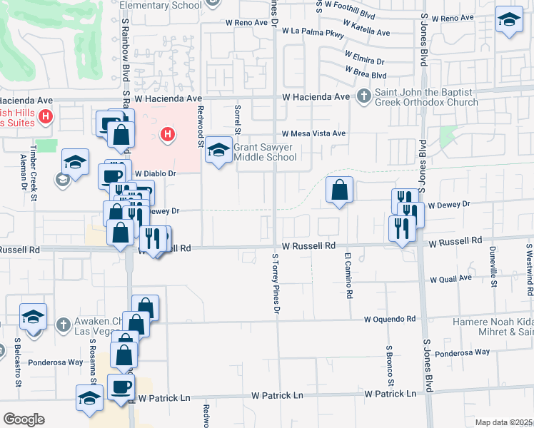 map of restaurants, bars, coffee shops, grocery stores, and more near 6522 Tarmiyah Avenue in Spring Valley