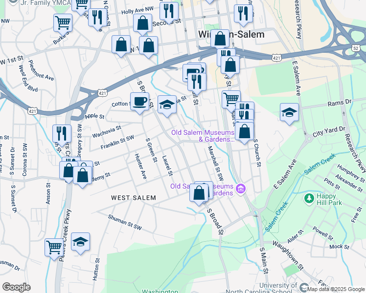map of restaurants, bars, coffee shops, grocery stores, and more near 600 Poplar Street Southwest in Winston-Salem
