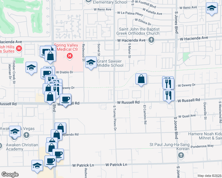 map of restaurants, bars, coffee shops, grocery stores, and more near 6522 Tarmiyah Avenue in Spring Valley