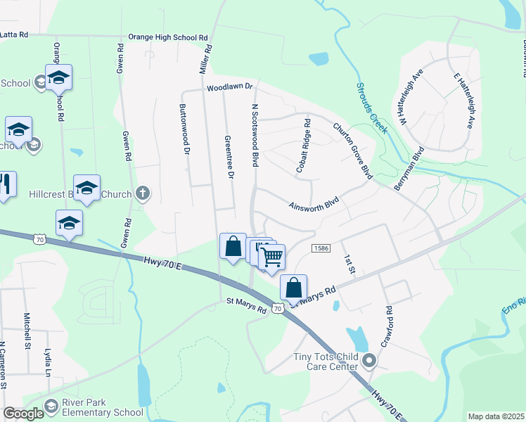 map of restaurants, bars, coffee shops, grocery stores, and more near 109 Bartlett Circle in Hillsborough