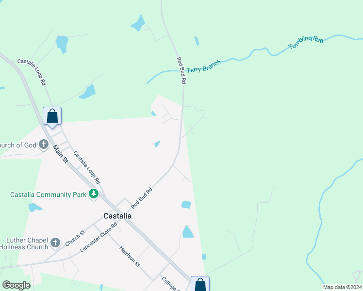 map of restaurants, bars, coffee shops, grocery stores, and more near Red Bud Road in Castalia