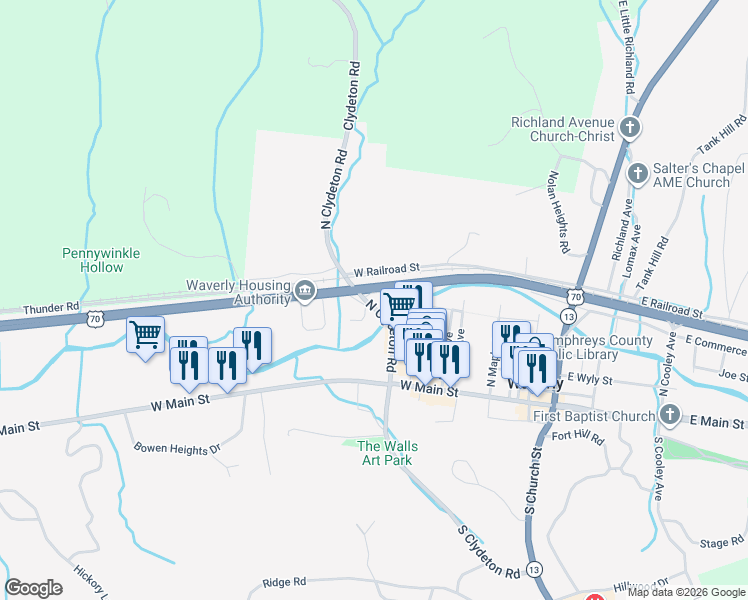 map of restaurants, bars, coffee shops, grocery stores, and more near 108 Weems Place in Waverly