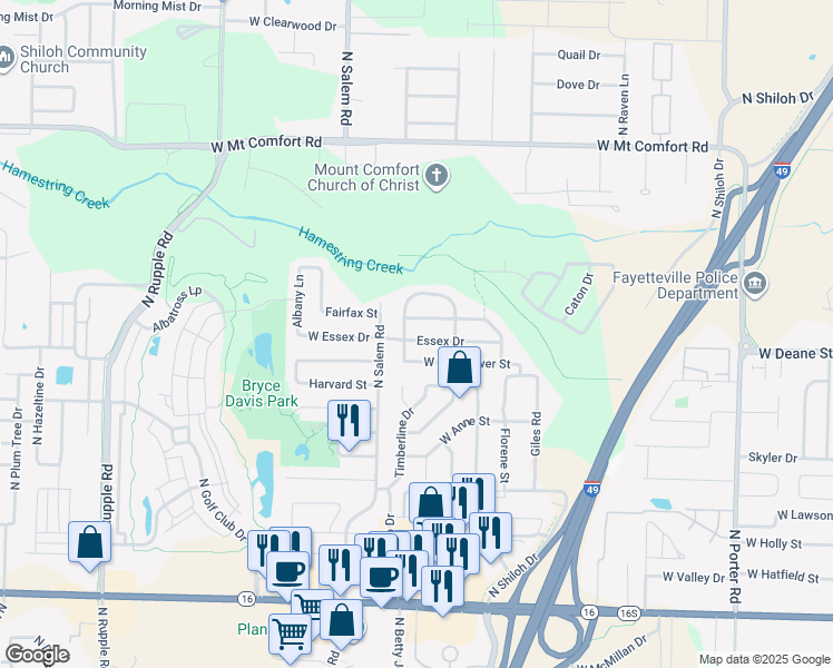 map of restaurants, bars, coffee shops, grocery stores, and more near 1837 North Pine Crest Avenue in Fayetteville