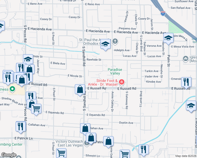 map of restaurants, bars, coffee shops, grocery stores, and more near 3910 East Russell Road in Las Vegas