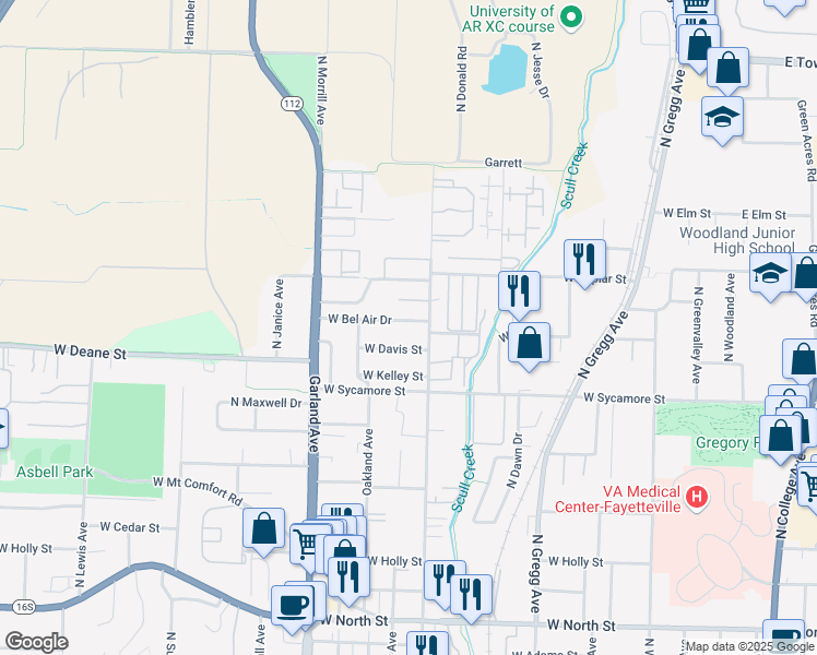 map of restaurants, bars, coffee shops, grocery stores, and more near 821 West Bel Air Drive in Fayetteville
