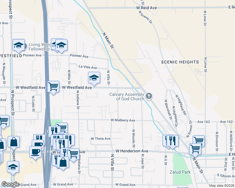 map of restaurants, bars, coffee shops, grocery stores, and more near 1168 North Howland Street in Porterville