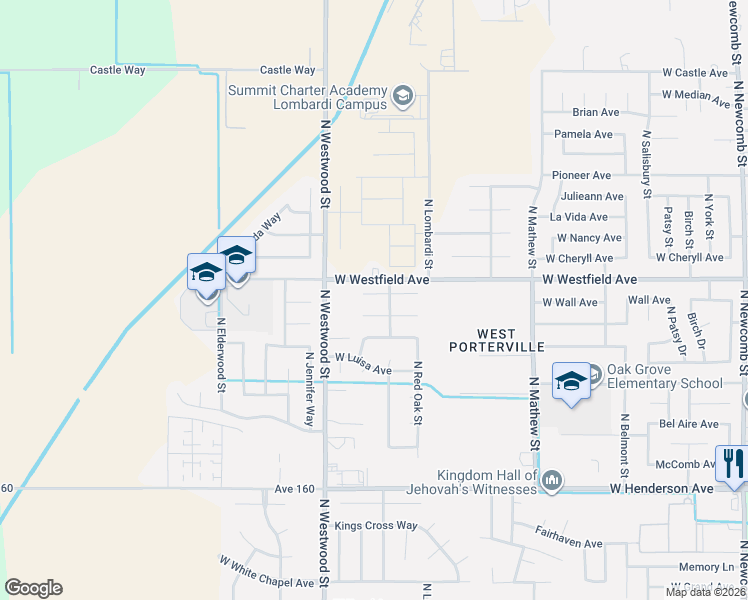 map of restaurants, bars, coffee shops, grocery stores, and more near 2267 West Wall Court in Porterville