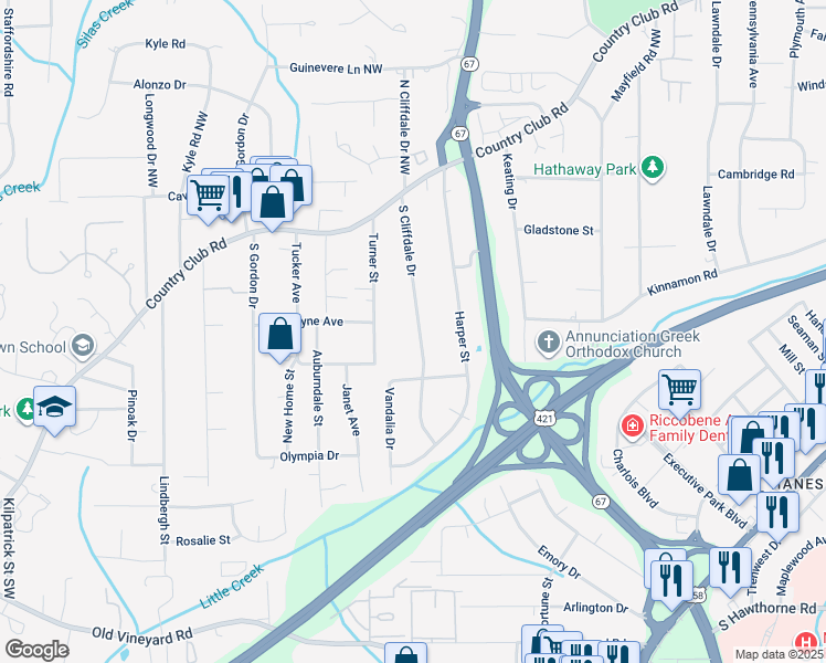 map of restaurants, bars, coffee shops, grocery stores, and more near 228 South Cliffdale Drive in Winston-Salem