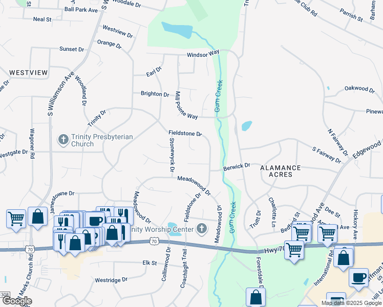 map of restaurants, bars, coffee shops, grocery stores, and more near 408 Greenfern Court in Burlington