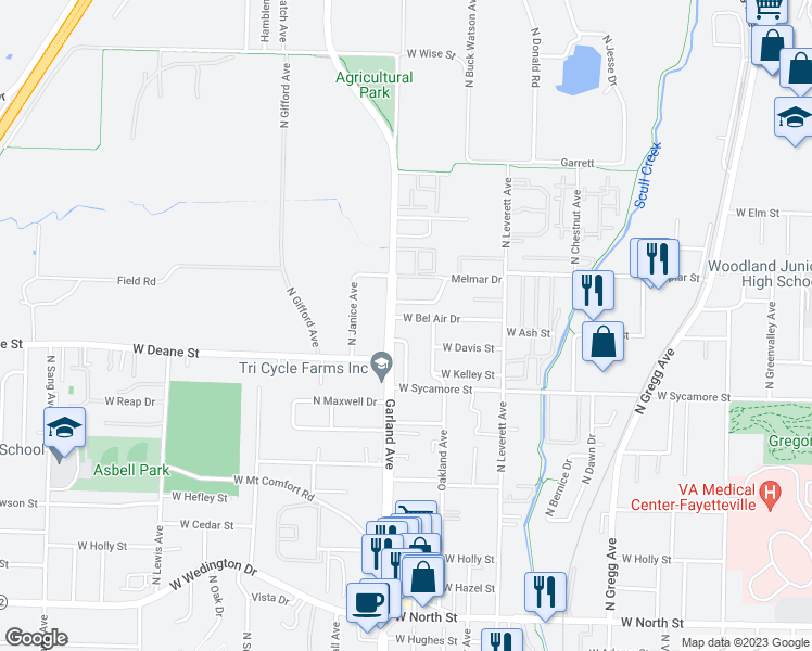 map of restaurants, bars, coffee shops, grocery stores, and more near 1039 West Bel Air Drive in Fayetteville