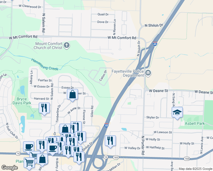 map of restaurants, bars, coffee shops, grocery stores, and more near 1856 Pine Valley Drive in Fayetteville