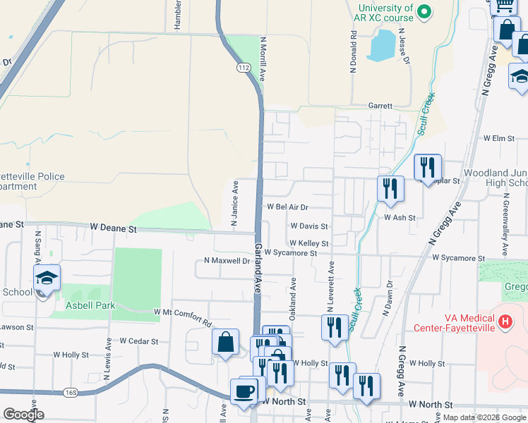 map of restaurants, bars, coffee shops, grocery stores, and more near 1053 West Bel Air Drive in Fayetteville