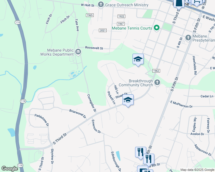 map of restaurants, bars, coffee shops, grocery stores, and more near 382 Armistead Court in Mebane