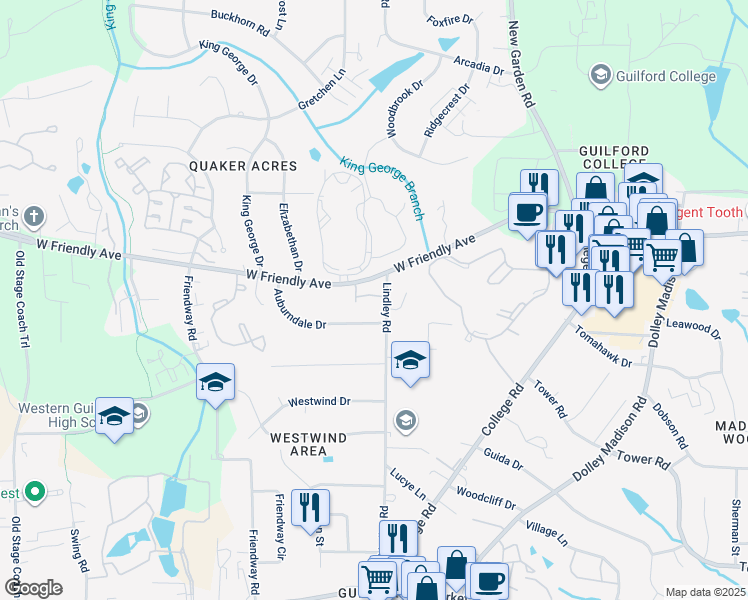 map of restaurants, bars, coffee shops, grocery stores, and more near 6107 Morgan Ashley Drive in Greensboro